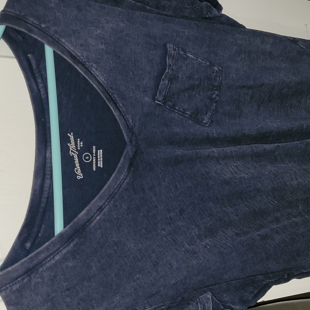 Distressed navy blue large v neck tee shirt